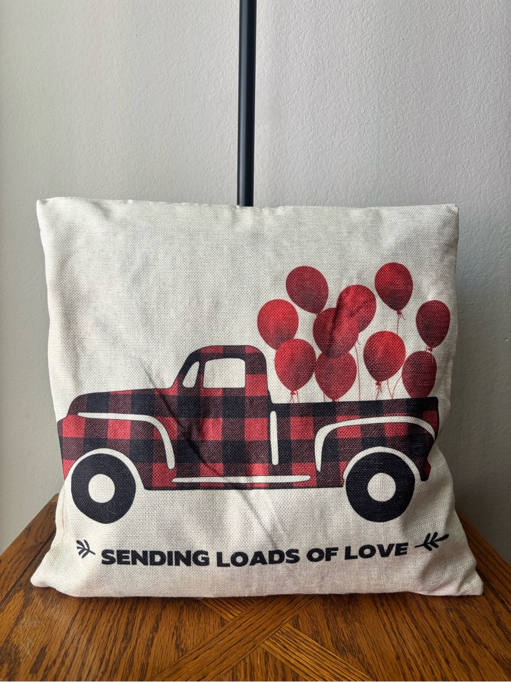 Sending Loads of Love Red Plaid Truck Decorative Pillow